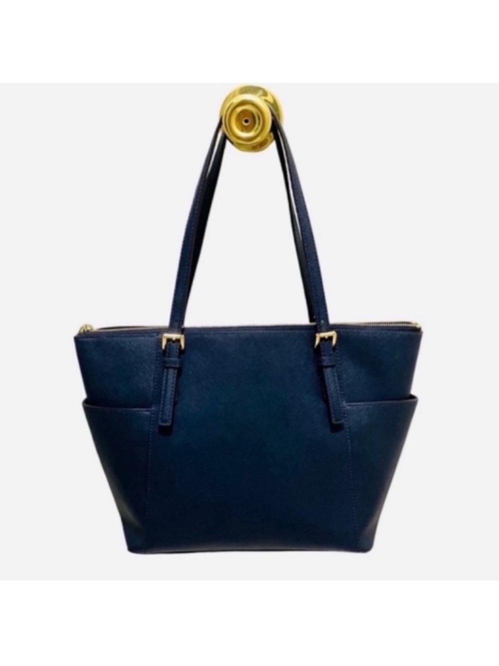Michael Kors Top Zip Shoulder Bag Double Straps Large Tote Purse Navy Blue Gold - Picture 3 of 13